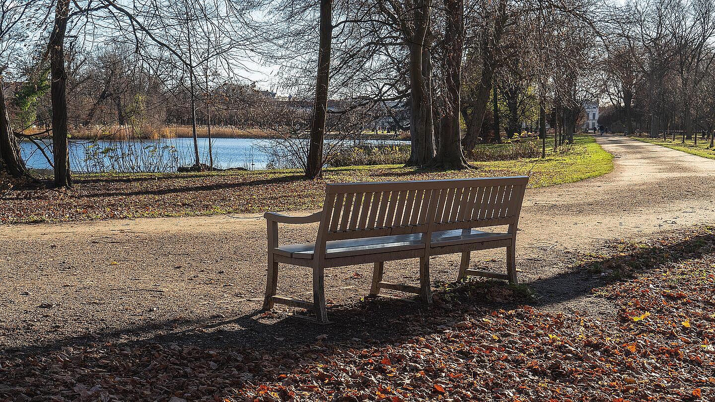 Die Außenaufnahme zeigt eine verlassene Parkbank am Wegrand. Dahinter befindet sich auf der linken Seite ein kleiner See. Im rechten Bildrand kann man in der Ferne Menschen erkennen, die auf dem Weg durch den Park schlendern.