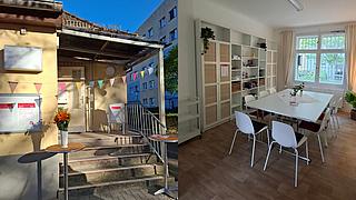 Neuer Nachbarschaftstreff „Kleine Post“ im Pankeviertel: Links Eingangsbereich, rechts Impression Innenraum.