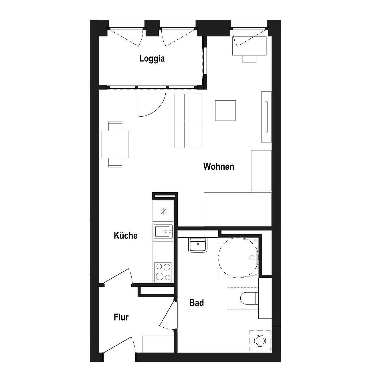 Mustergrundriss einer 1-Zimmer-Wohnung für Senior*innen.