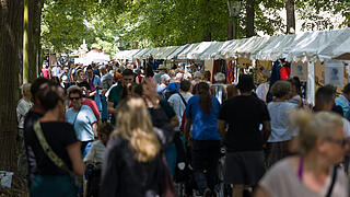 Außenaufnahme zeigt Besucher*innen entlang der mit Kunstständen gesäumten Allee im Schloßpark Schönhausen.2024