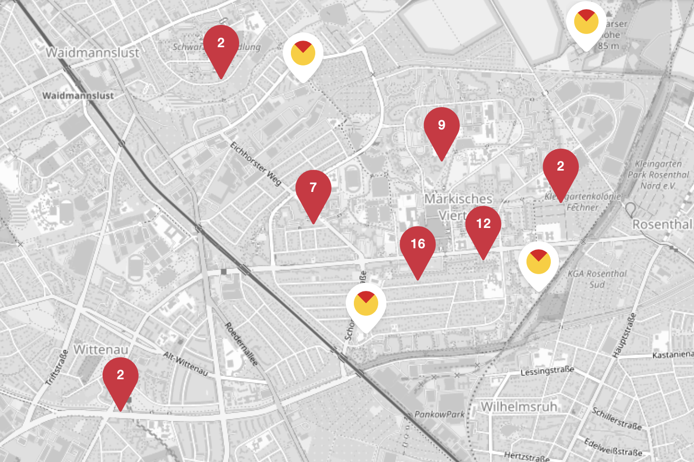 Karte des Märkischen Viertels in Berlin mit markierten Einrichtungen wie Schulen, Kitas und Einkaufsmöglichkeiten.