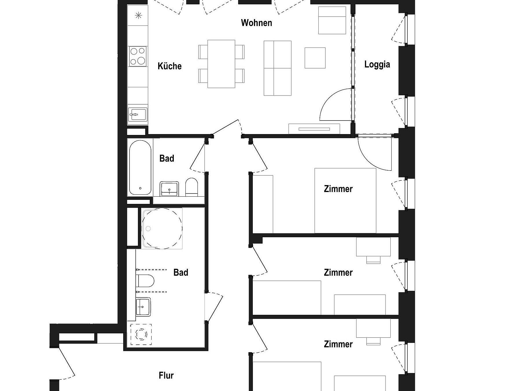 Mustergrundriss einer 4-Zimmer-Wohnung für Senior*innen.