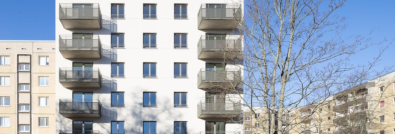 Außenaufnahme zeigt das frisch errichtete Mehrfamilienhaus im Gebäudeensemble der Hansastraße.