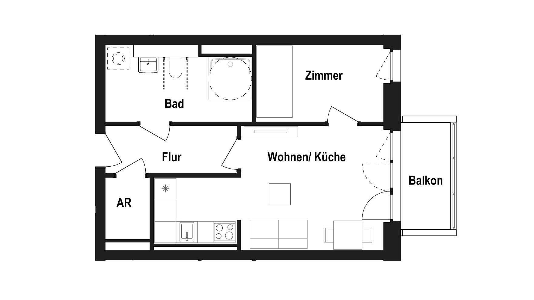 Mustergrundriss einer 2-Zimmer-Wohnung für Senior*innen. 