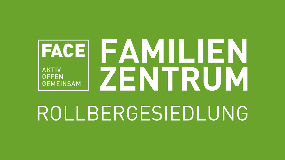 Logo des FACE Familienzentrums mit Schriftzug "Familienzentrum Rollberge" auf grünem Hintergrund