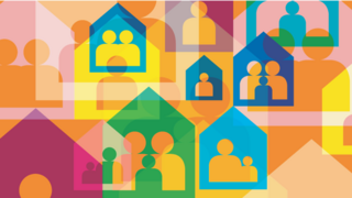 bunte Grafik mit Formen von Personen und Häusern