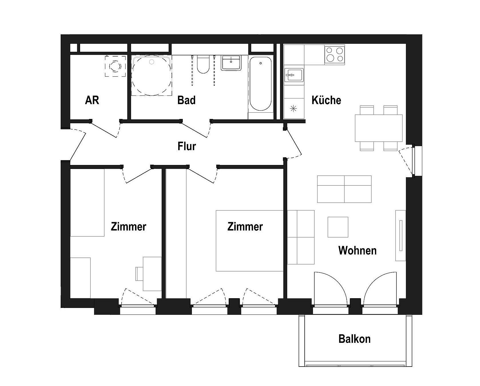 Mustergrundriss einer 3-Zimmer-Wohnung für Senior*innen.