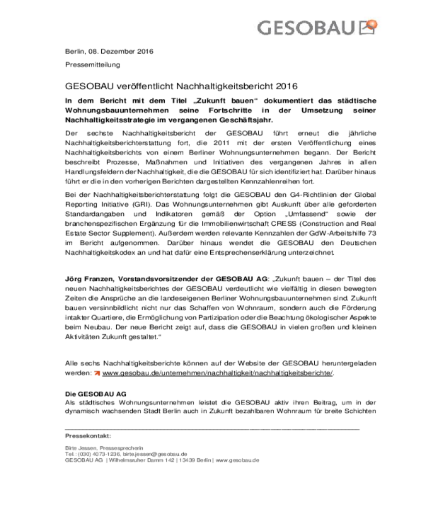 GESOBAU Veröffentlicht Nachhaltigkeitsbericht 2016 | GESOBAU