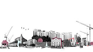 Grafische Darstellung verschiedener GESOBAU-Häuser in unterschiedlichen Architekturstilen von Gründerzeit- über 50er-Jahre- und Hochaus- bis zu Neubauarchiktektur.