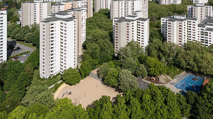 Bild zeigt Luftaufnahme der Wohnhausgruppe 910: Dannenwalder Weg, Wilhelmsruher Damm
