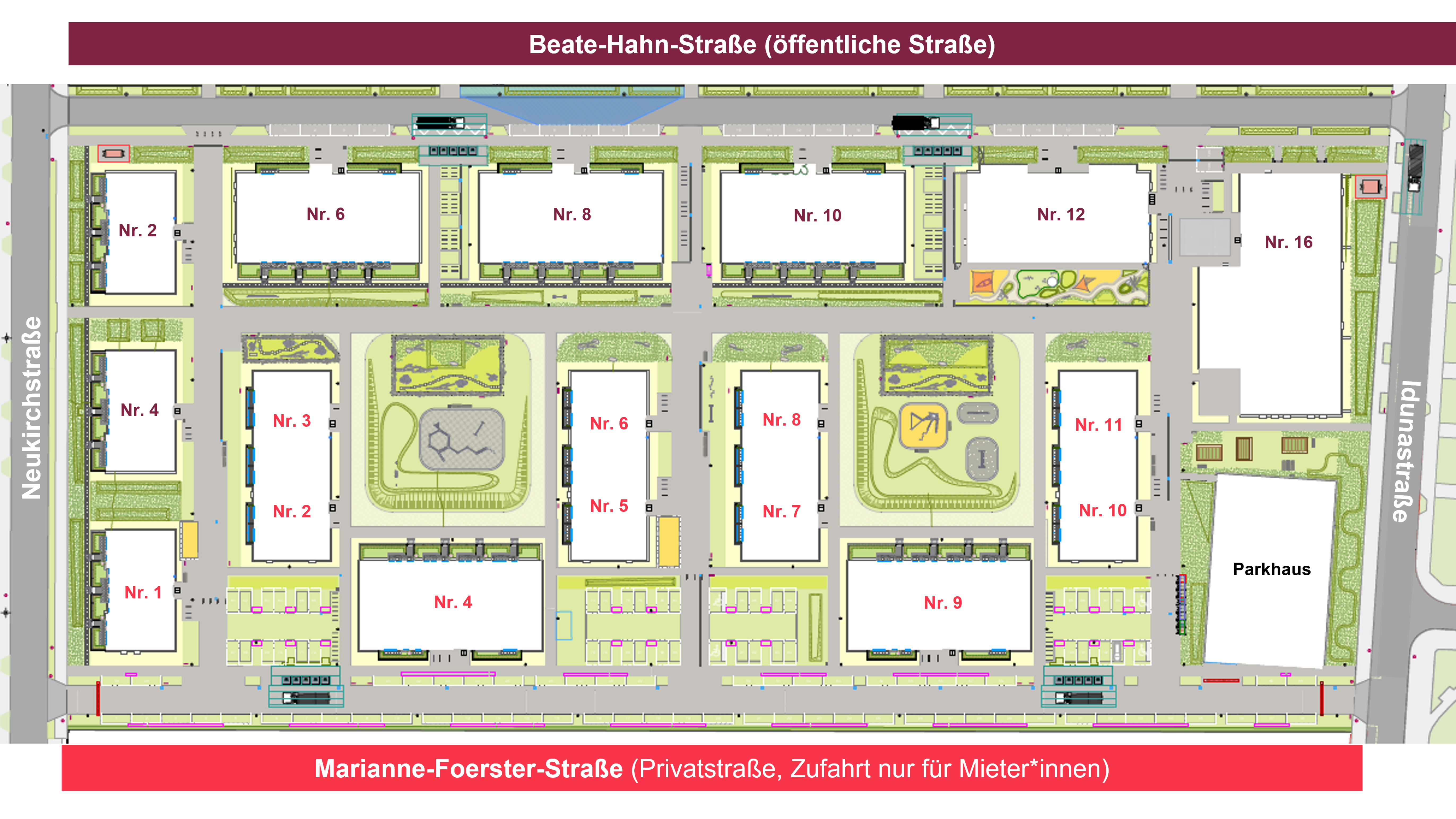 Grafischer Lageplan der Wohnhäuser in der Beate-Hahn-Straße und Marianne-Foerster-Straße