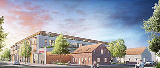 Bild zeigt Visualisierung des neuen Quartiers Alt-Wittenau in Reinickendorf: 242 Wohnplätze für Studierende und Auszubildende sowie Gewerbeflächen für Nahversorgung im Erdgeschoss.